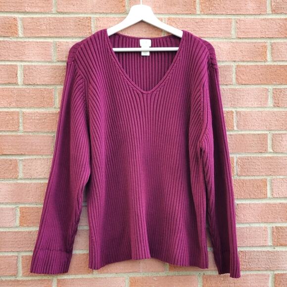 J Jill Thick Knit Ribbed Maroon V-Neck Sweater 3X - Picture 1 of 3